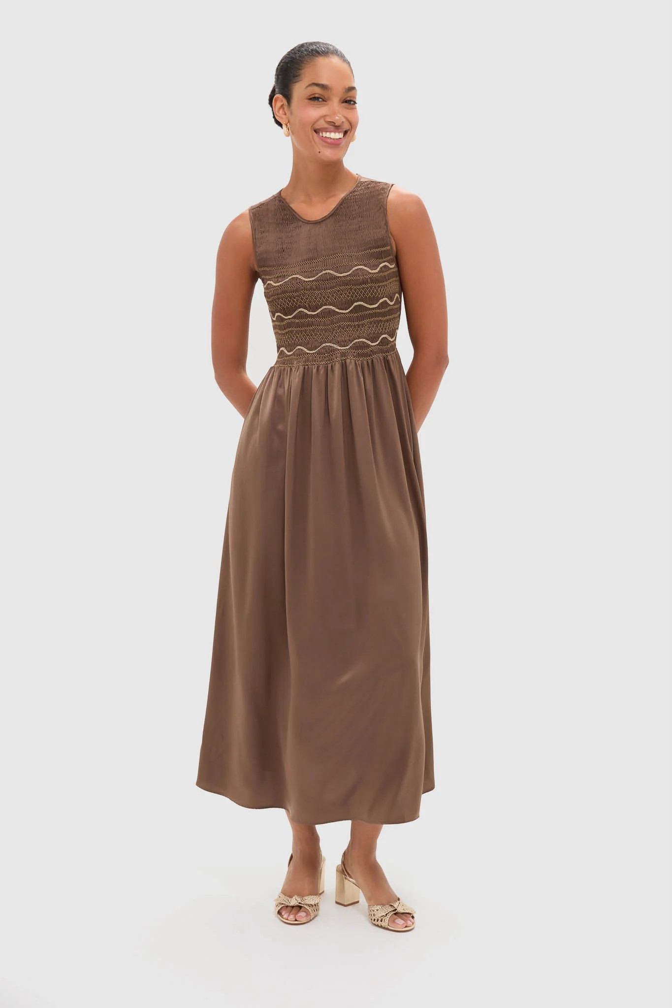 Regio Brown Silk Gioia Midi Dress | Tuckernuck (US)