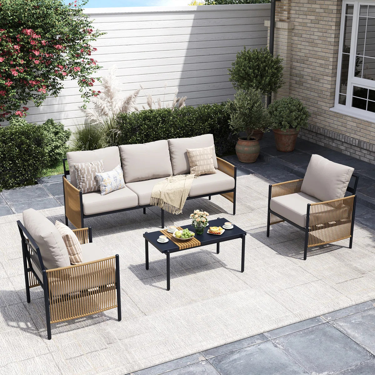 Outdoor Patio Furniture Set, 4 Piece Patio Conversation Sets with Coffee Table, HDPE Rope & Alumi... | Wayfair North America