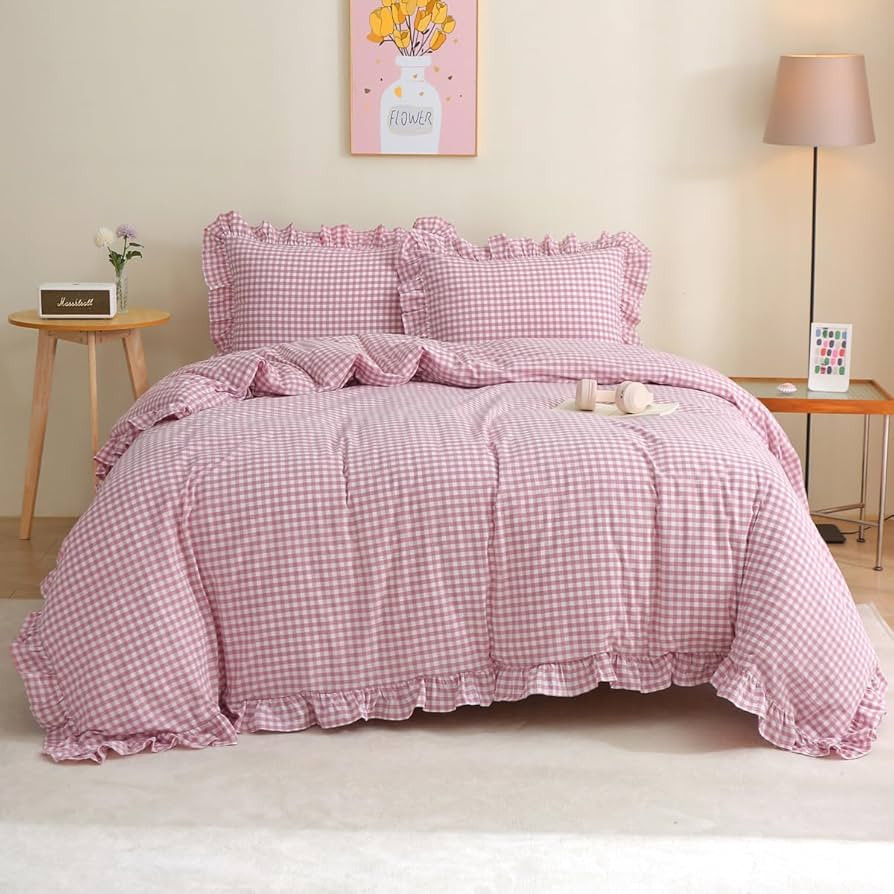 Vintage Pink/White Plaid Ruffle 3-Piece Duvet Cover Set Queen Size,Washed Cotton Shabby Gingham C... | Amazon (US)