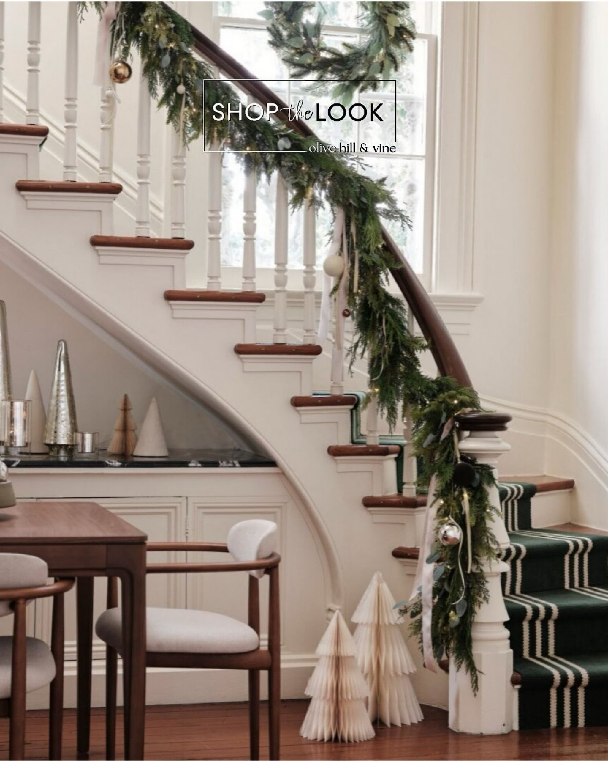 Add winter magic to your stairwell with a stunning mix of textures and warm tones. This curated collection includes constellation glass hurricanes, tabletop cone trees in ceramic, paper, and mercury glass, flocked ball ornaments, and a pre-lit faux cypress pine wreath garland for a cozy holiday glow. 

#LTKHome #LTKSeasonal #LTKHoliday