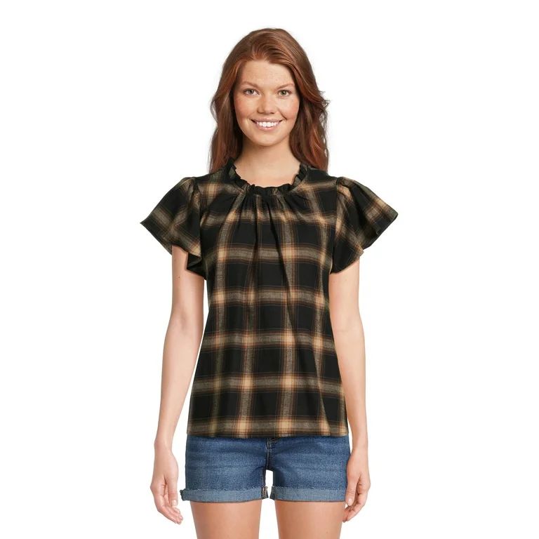 Time and Tru Women's Puff Sleeve Pop Over Woven Top | Walmart (US)