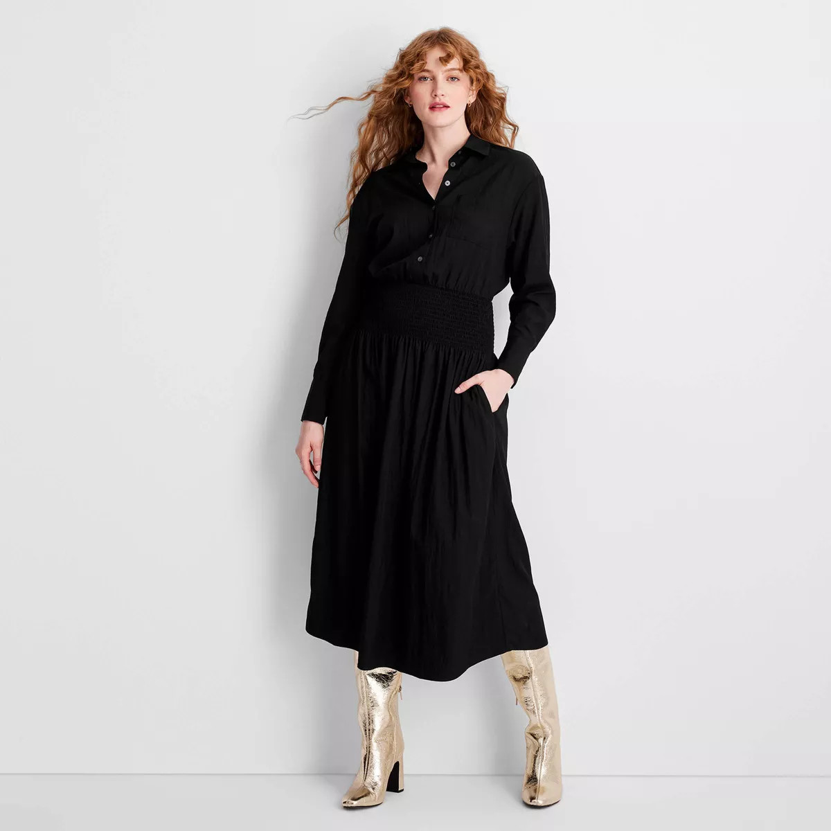 Women's Collared Long Sleeve Smocked Midi Shirtdress - Future Collective Black M | Target