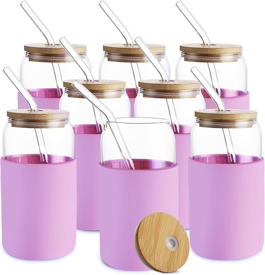 HOMBERKING Glass Cups with Bamboo Lids and Straws 8pcs Set, 20oz Can Shaped Cute Tumbler Cup with... | Amazon (US)