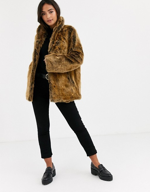 ASOS DESIGN stand collar faux fur coat in brown | ASOS US