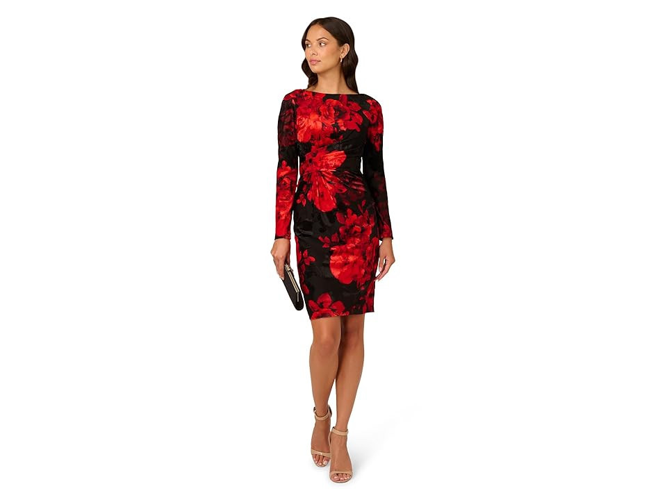 Adrianna Papell Burnout Velvet Sheath Dress Women's Dress Black/Red : 14, Elastane/Polyester/Velvet | Zappos