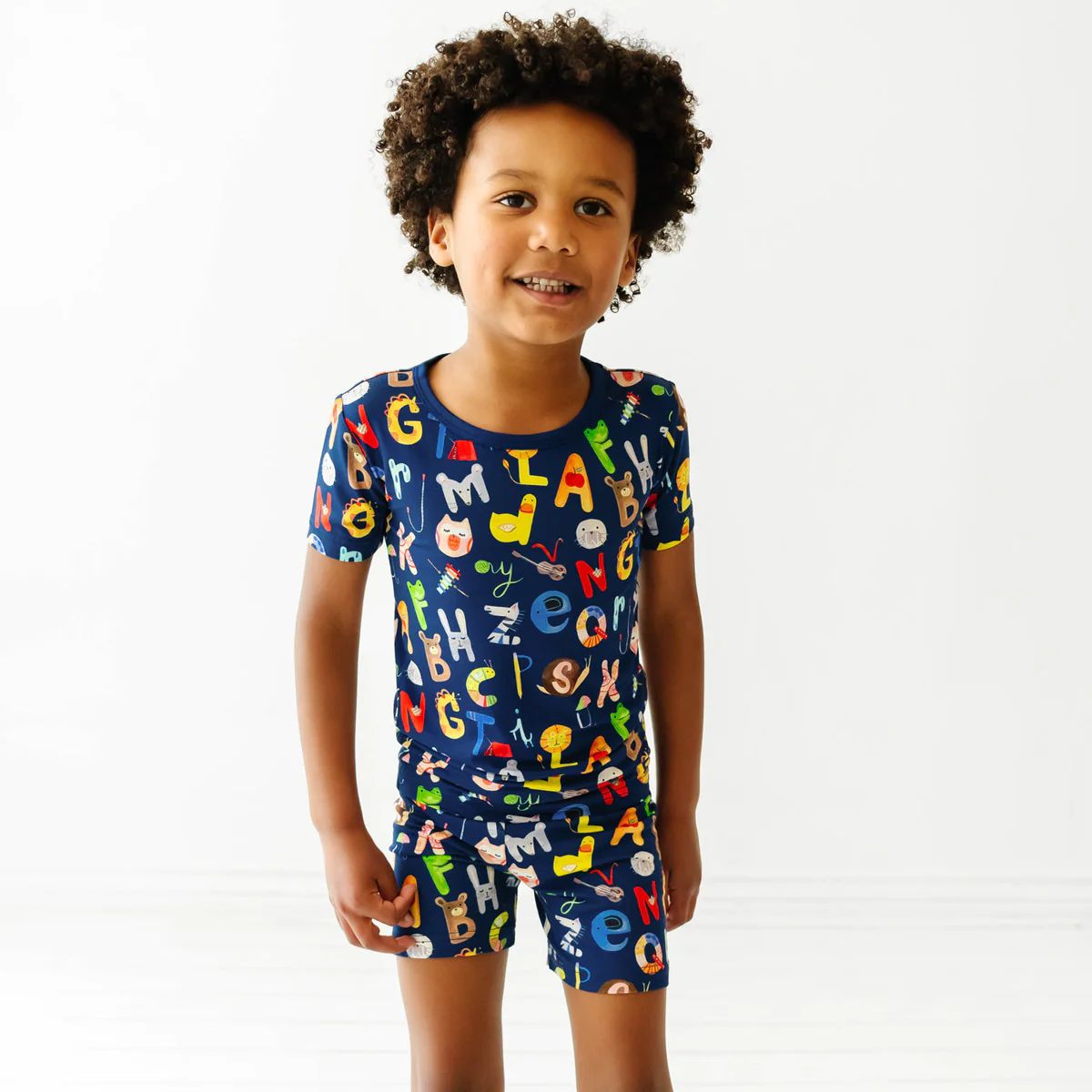 Navy Alphabet Friends Two-Piece Short Sleeve & Shorts Pajama Set | Little Sleepies