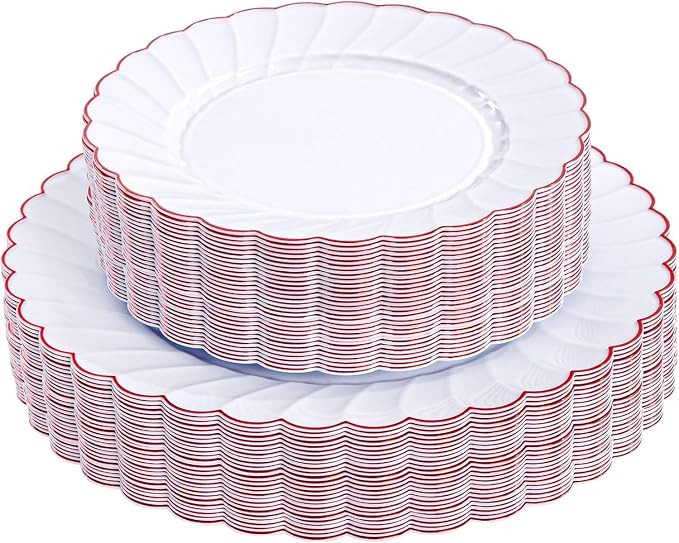 60PCS Red Scalloped Plastic Plates - Heavy Duty White and Red Rim Disposable Plates include 30 Ha... | Amazon (US)