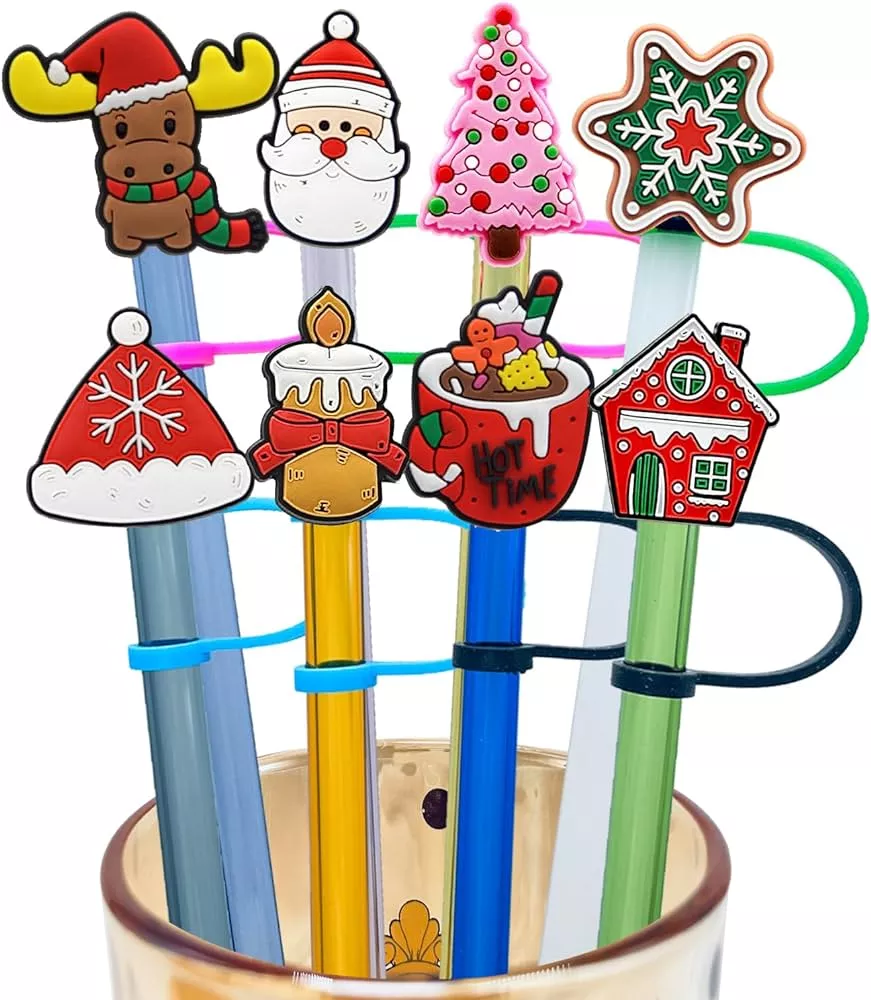 Christmas Straw Cover Caps 12PCS Xmas Style Silicone Straws Tips Cover  Reusable