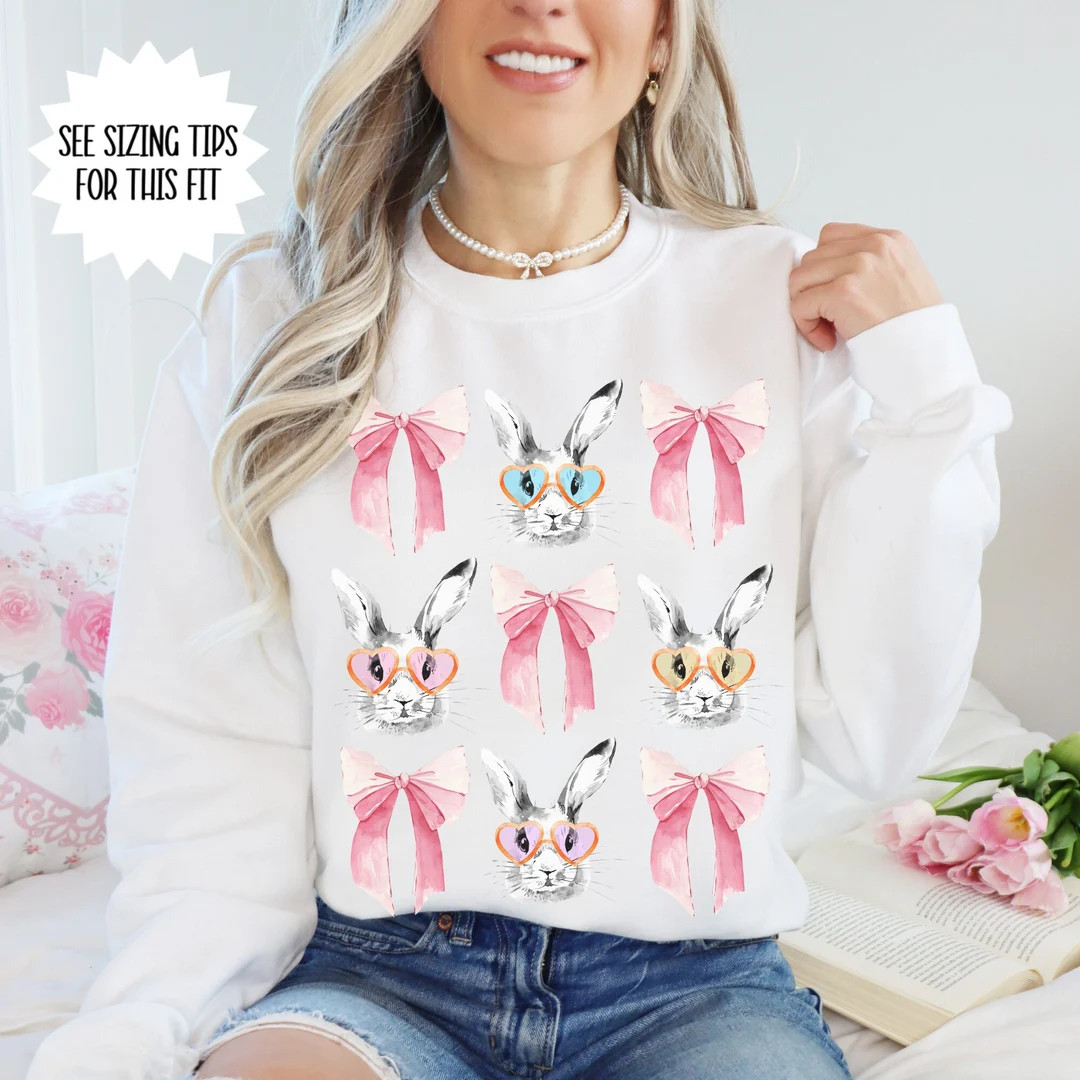 Coquette Bow Easter Bunny Sweatshirt, Cute Easter Aesthetic Shirt, Easter Bow Sweatshirt, Bunny W... | Etsy (US)