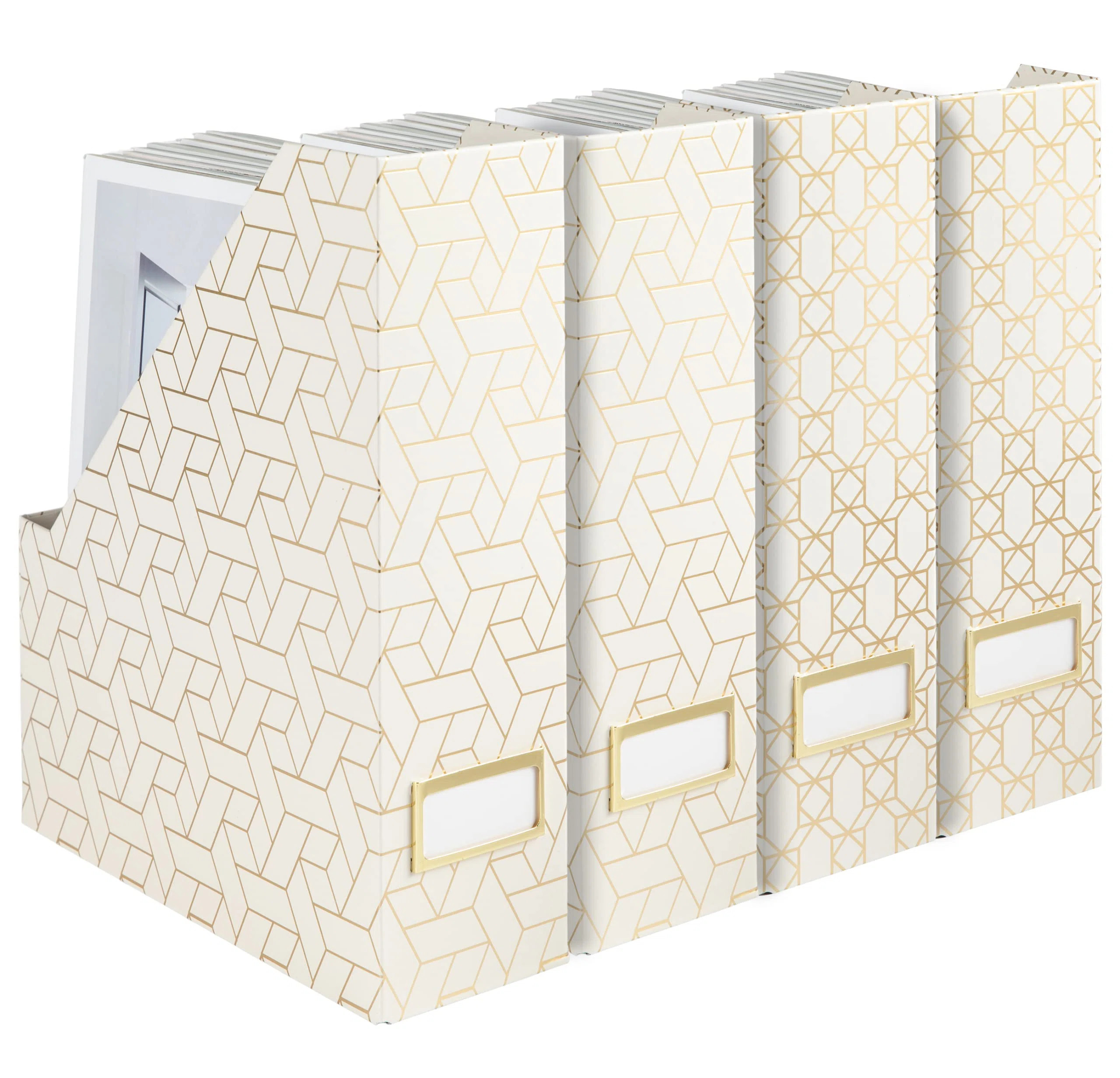 Decorative Foldable Magazine Storage Boxes For Desk - Set Of 4 Gold Magazine Holders With Cream W... | Wayfair North America