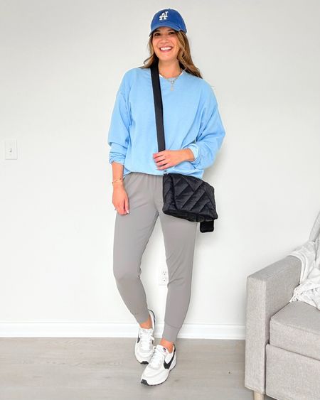 Gray joggers with a white slim fit tee, blue crewneck sweatshirt, blue LA 47 hat, and Nike waffle debuts.

Ootd, tall friendly joggers, athleisure, casual outfit, spring outfit idea, amazon fashion

#LTKstyletip #LTKfindsunder50 #LTKshoecrush
