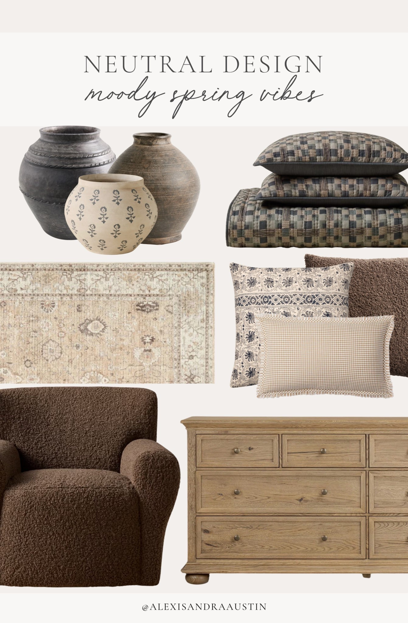 Neutral design with a moody spring vibe. Bringing all the collected details for a refreshed and timeless space.

Home finds, neutral home inspo, spring refresh, living room refresh, neutral area rug, accent chair, collected style, moody spring style, wood tone favorites, dresser details, vase favorites, coy throw pillow, Joon Loloi, Four Hands, Magnolia, Wayfair, Galey Alix, shop the look!

#LTKHome #LTKSeasonal