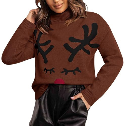 Christmas Sweaters for Women Ugly Christmas Sweater Turtleneck Long Sleeve Xmas Winter Holiday Knitted Pullover Tops Khaki | Amazon (US)