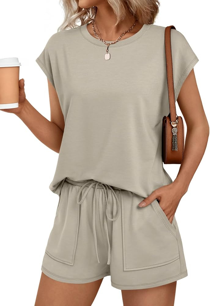 AUTOMET Womens Crew Neck Two Piece Short Sets Cap Sleeve Drawstring Summer Sweatsuit with Pocket | Amazon (US)