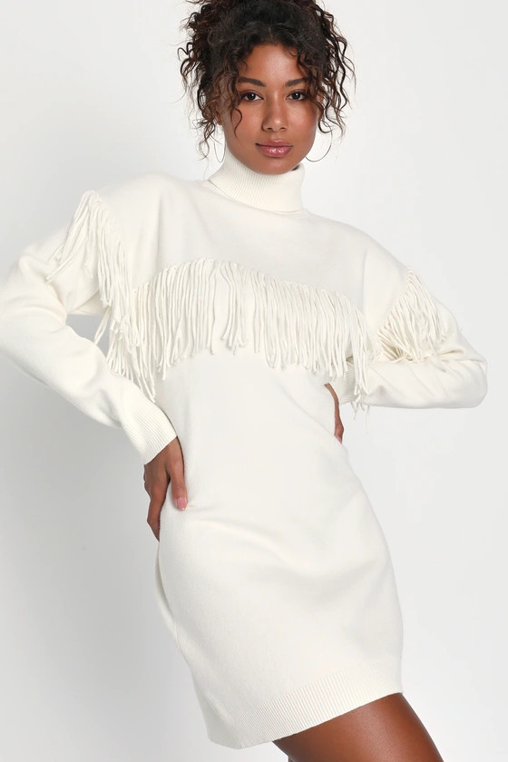 Cozy Obsession Ivory Turtleneck Fringe Sweater Dress White Sweater Dress Outfit Fringe Dress | Lulus (US)