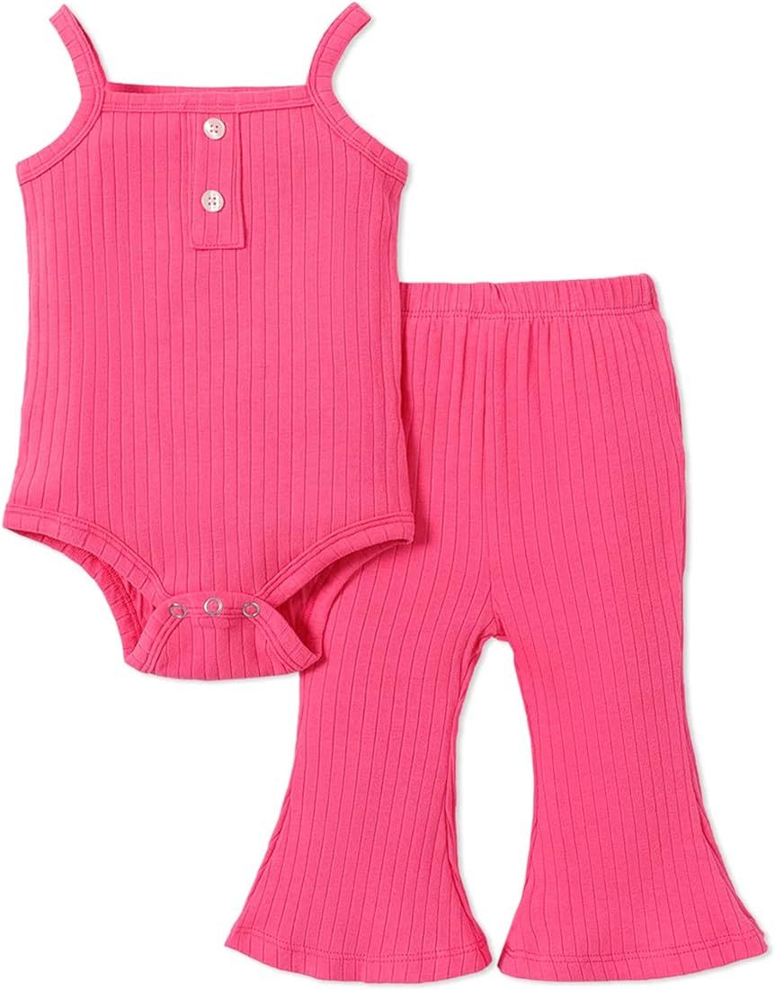 PATPAT Infant Baby Girl Cami Romper Bodysuit Tops Flared Bell Bottom Pants Leggings 2Pcs Outfits | Amazon (US)