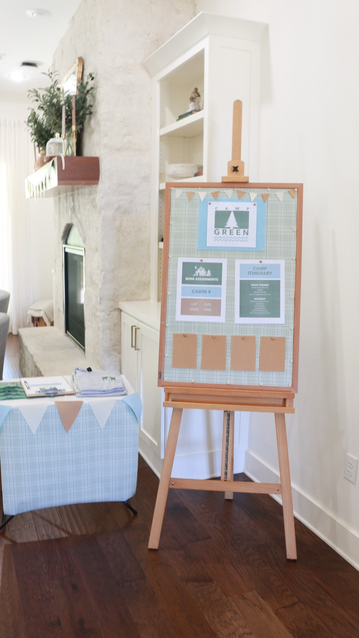 Creating “Camp Green” - Reel 1: Camp Bulletin Board 

The first thing my niece’s & nephew saw when they came in the house was the camp bulletin board decked out with cream, blue, & green plaid wrapping paper for the background, our Camp Green logo print out (based on Parent Trap’s Camp Walden logo) with a mini felt bunting I made from felt & twine, along with cabin assignments & camp itinerary flyers, and a place at the bottom of the board to pin a instax picture I took of them in their camp uniforms. I used the cutest wooden top thumbtacks to hold everything in place. 
.
.
.
.
.
.
.
Party Planning | Party Planning Ideas | kids party | kids party ideas | Kids Birthday Party | Kids summer fun | DIY Party | DIY party planning | DIY party | hosting at home | kids activities | aunt life | DIY party decor | party decorations | DIY party decorations

#LTKFamily #LTKParties #LTKKids