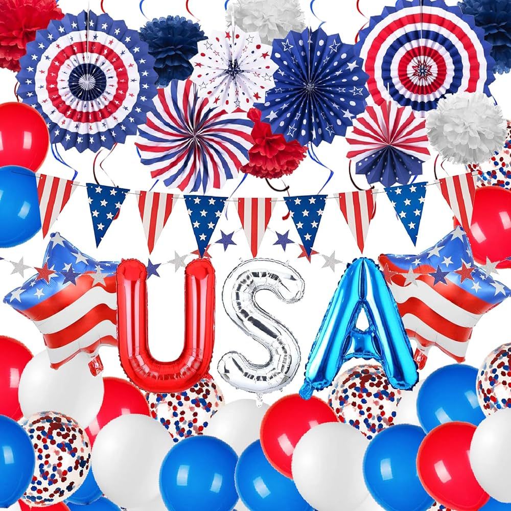 Patriotic Decorations 4th of July Decorations with USA Foil Balloons, Red Blue White Balloons, Pa... | Amazon (US)