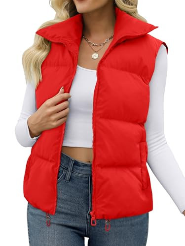 JZC Womens Zipper Puffer Vest Solid Color Padded Gilet Stand Collar Outerwear Puffey Vests Padded Gilet Red X-Large | Amazon (US)