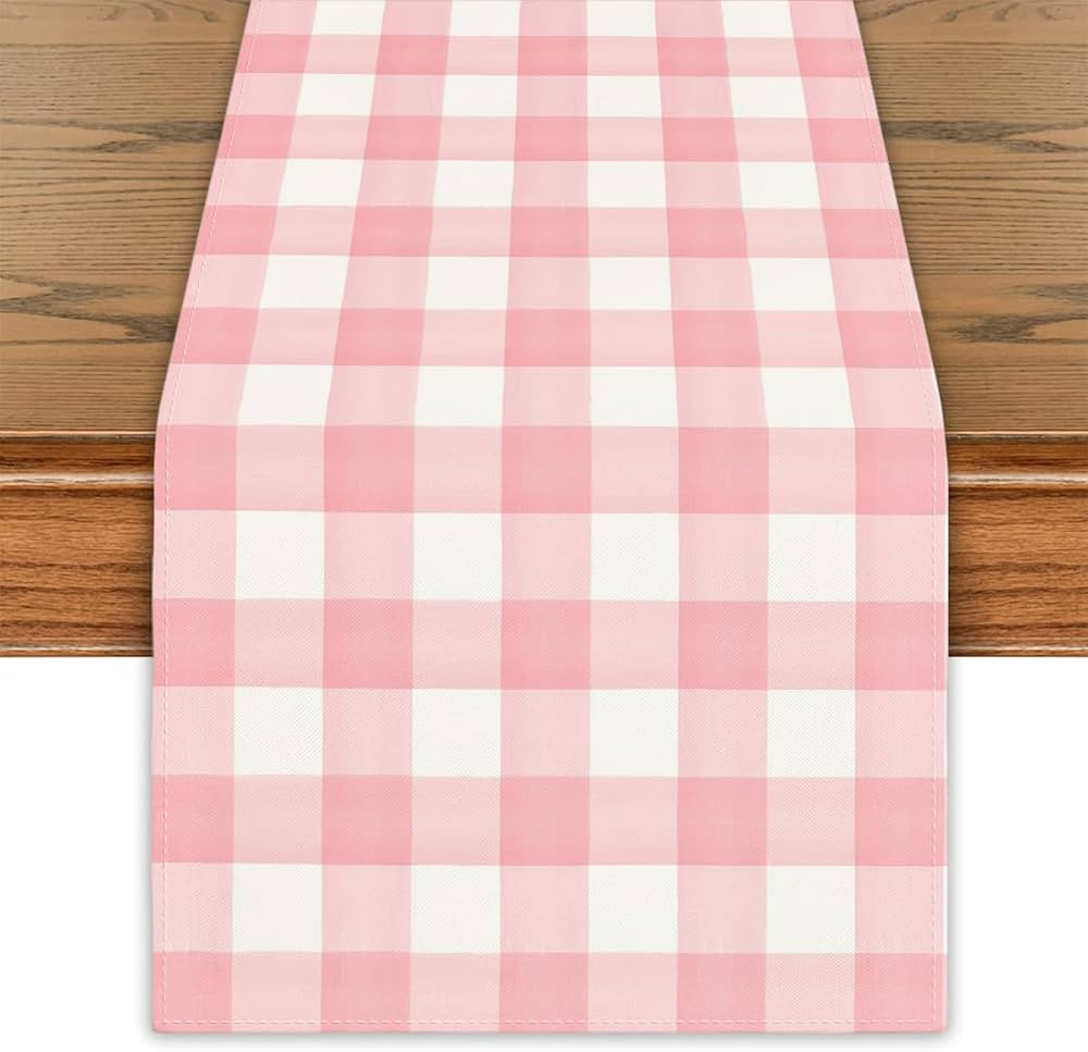 Pink White Buffalo Checked Plaid Table Runner Pink Gingham Table cover Watercolor Spring Summer E... | Amazon (US)