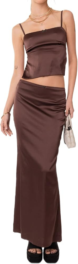 Women Hollow Out 2 Piece Skirt Set Y2K Halter Backless Crop Camis Slim Fit Tube Tops Split Maxi S... | Amazon (US)