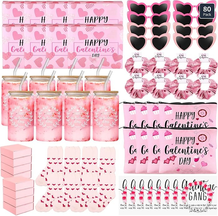Abbylike 80 Pcs Galentine's Day Gift Include Gift Box Glass Cup Makeup Bags Plush Socks Greeting ... | Amazon (US)