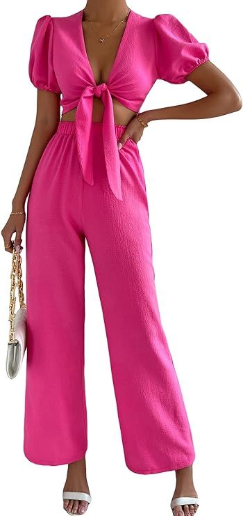 MakeMeChic Women's 2 Piece Outfits Puff Sleeve Knot Front Crop Top and Wide Leg Pants Set | Amazon (US)