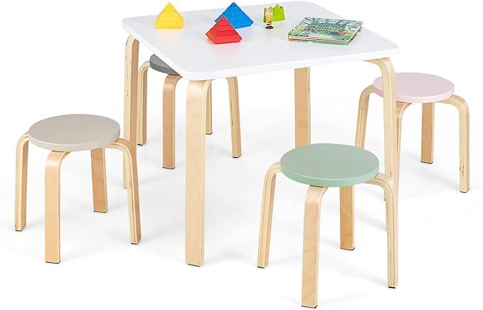 INFANS Kids Wooden Table and Stool Set, 5-Piece Activity Table with 4 Stools for Toddler Building... | Amazon (US)