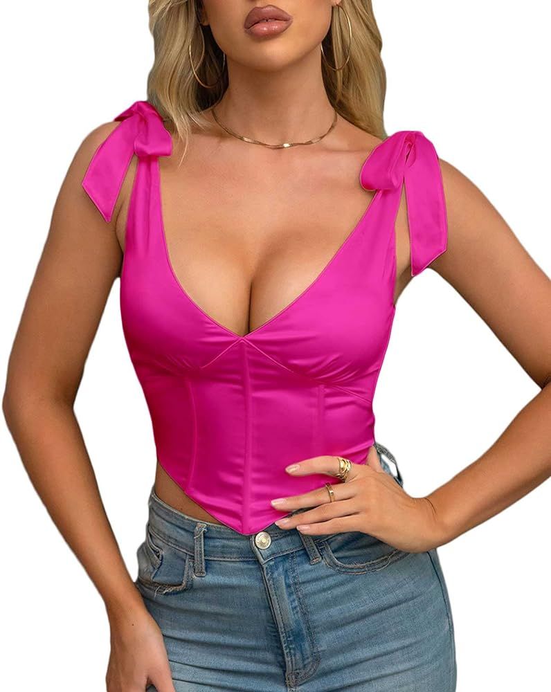 Mousnipy Women's Vintage Satin Corset Top Sexy V Neck Zip Back Boned Bustier Going Out tops | Amazon (US)