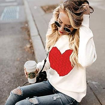 Women's Pullover Sweaters Knitted Long Sleeve Crewneck Heart Patchwork Jumper Cozy Tops | Amazon (US)