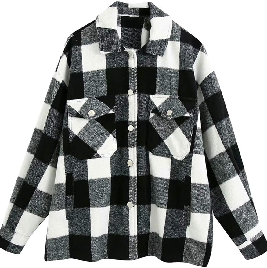 Gihuo Women's Casual Loose Button Down Wool Blend Plaid Shirt Jacket Shacket | Amazon (US)