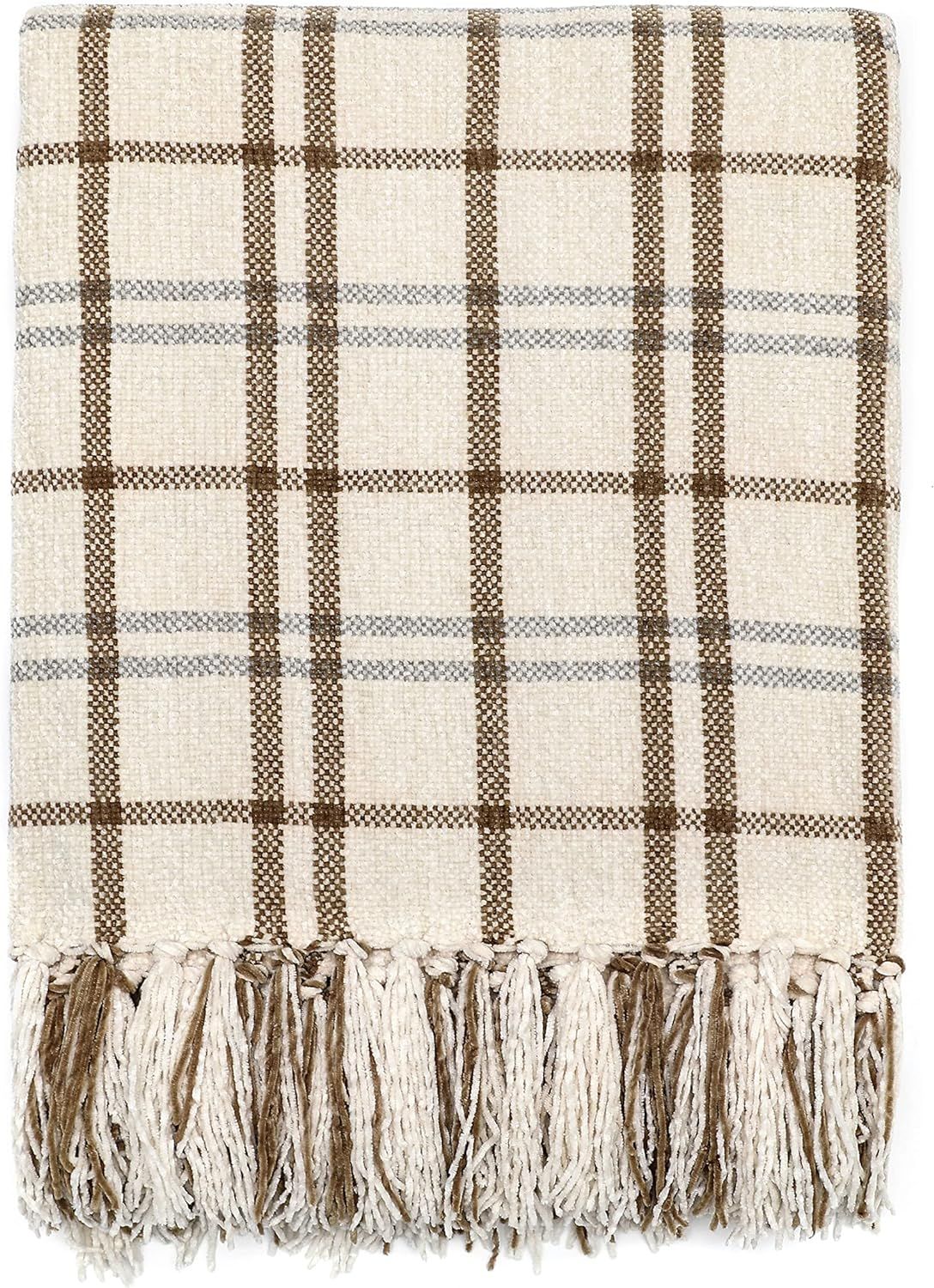 Muse Dream Chenille Fringe Plaid Christmas Blankets and Throws Brown White Classic Buffalo Plaid ... | Amazon (US)