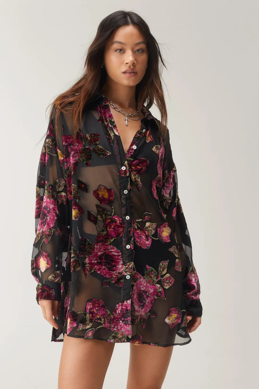Devore Oversized Sheer Floral Shirt | Nasty Gal US
