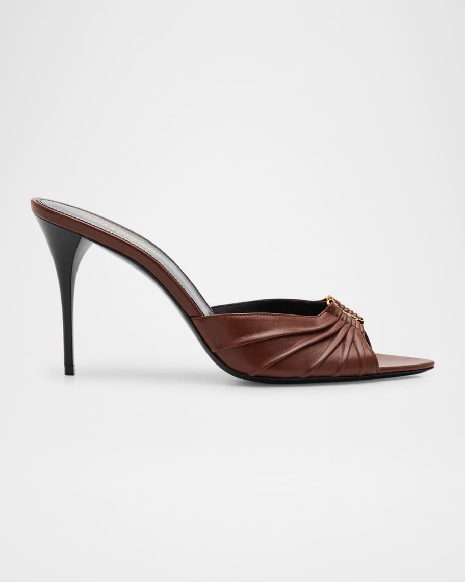 Saint Laurent Babylone YSL Ruched Leather Mule Sandals | Neiman Marcus