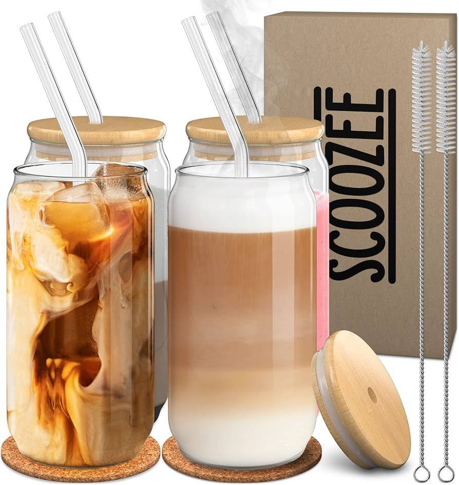 Scoozee Glass Cups with Bamboo Lids, Glass Straws and Coasters (Set of 4, 16 oz) - Iced Coffee Cu... | Amazon (US)