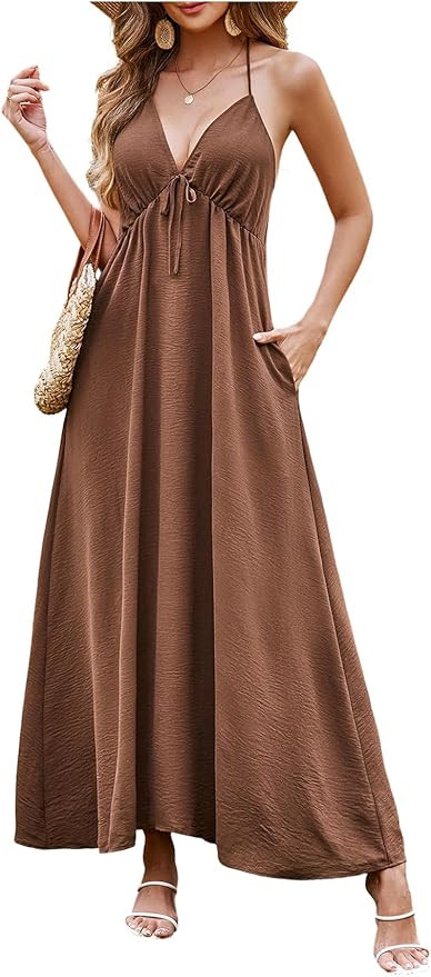 SHENHE Women's Summer Halter Maxi Dress Empire Waist Flowy Boho Vacation Resort Sundress       Se... | Amazon (US)