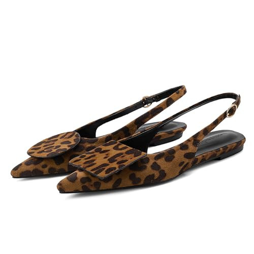 Vertundy Women's Leopard Slingback Flats Pointed Toe Flats for Women Low Heel Pumps Ankle Strap Sandals Circle Square Decorative Fashion Design Suede Shoes | Amazon (US)