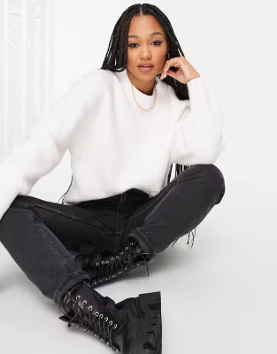 ASOS DESIGN crew neck sweater in rib with fluffy yarn in cream | ASOS | ASOS (Global)