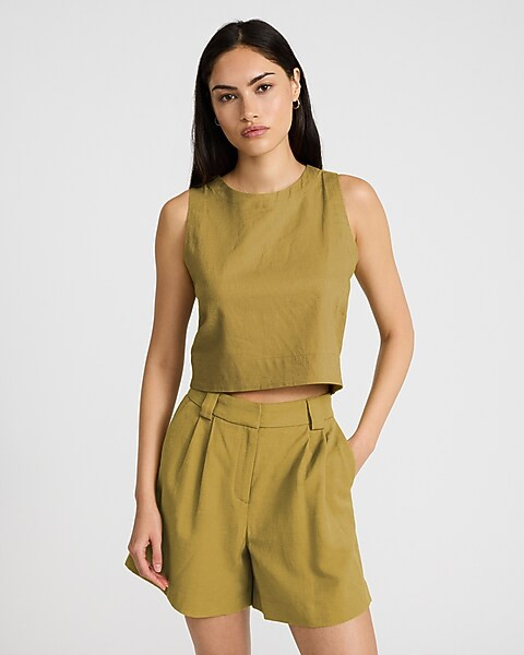 Linen-blend Crew Neck Button Back Tank | Express