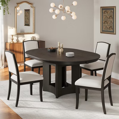 5 Piece Extendable Dining Table Set Dining Set with Removable Leaf, 4 Upholstered Dining Chairs, Beige+Espresso - ModernLuxe | Target