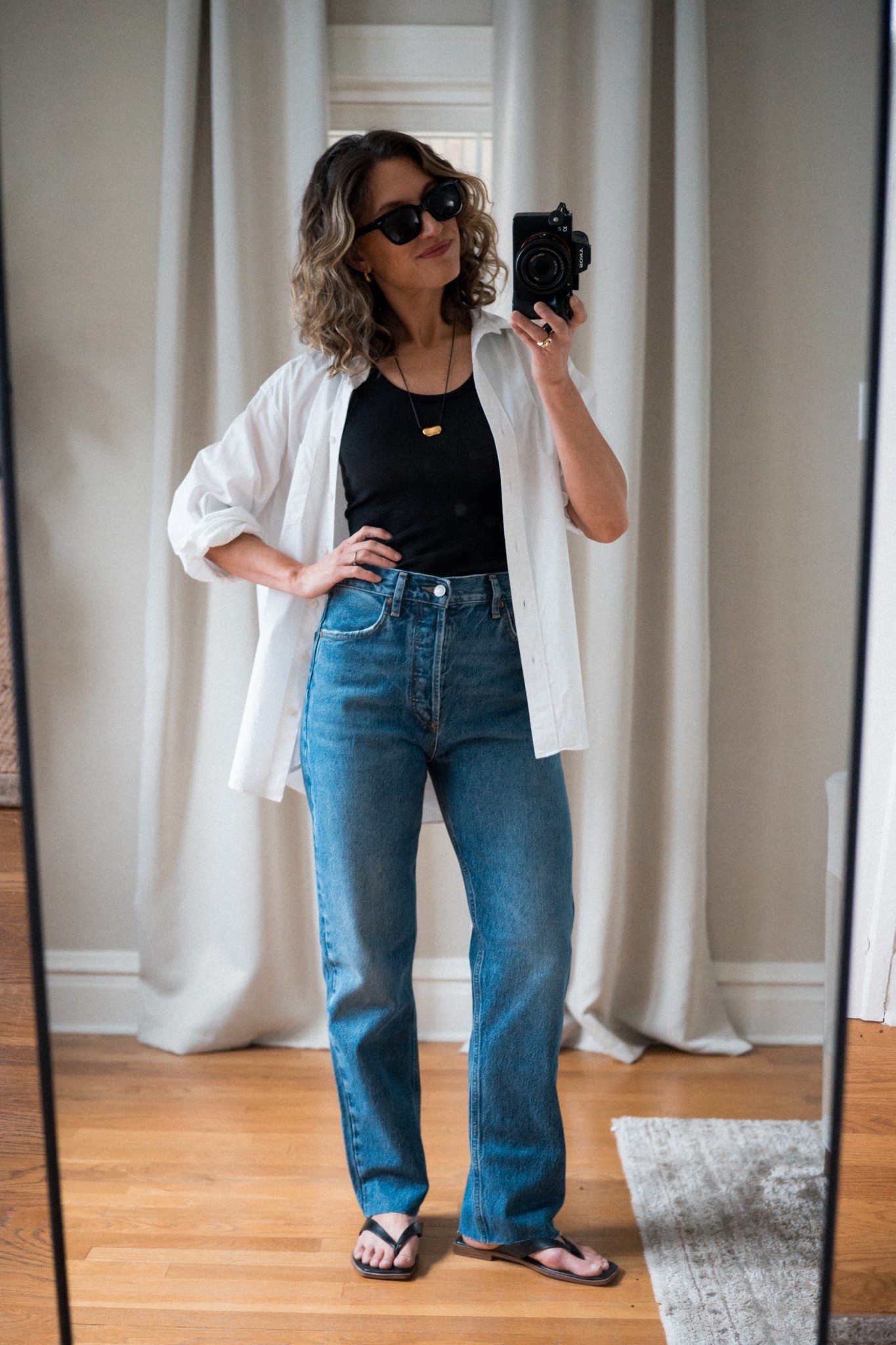 One Base Four Ways: June 

Everlane tank, XS, TTS for a slim fit. Gap shirt, XS, TTS for an oversized fit. Agolde denim, 25, TTS. Abercrombie leather flip flops, TTS. Quince sunglasses. Heaven Mayhem pendant  

#LTKOver40 #LTKspring #LTKspringtrends