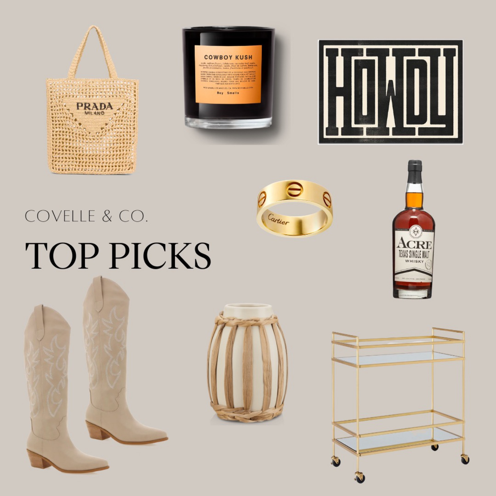 🌾🏡 Covelle & Co Top Picks: Embrace the "A Little Bit of Country" Lifestyle! 🌾🤠

🌟 This week's top picks, carefully curated by our favorite country girl @lily.brothertonn , will transport you to the idyllic charm of a country home. 

🌿 Create the perfect ambiance with a sleek bar cart from West Elm, perfect for displaying your favorite beverages and vintage glassware. 🥃 The smooth lines and contemporary design add a touch of modern sophistication to your country oasis.

✨ Set the mood with a captivating candle by Boy Smells. 🕯️ Let the fragrant notes of rustic woods and earthy aromas fill the air, evoking a sense of tranquility and warmth.

💍 Adorn yourself with timeless elegance wearing a classic gold Cartier ring. ✨ This iconic piece adds a touch of refined luxury to your country-inspired ensemble.

🌾 Greet your guests with a charming "Howdy" entrance sign from Etsy. 🚪 This whimsical and welcoming touch sets the tone for a home that exudes friendliness and southern hospitality.

👢 Complete your country look with a pair of stylish Billini cowboy boots. 🐴 These boots aren't just fashionable; they're crafted for comfort and durability.

🥃 For those who appreciate a good sip, indulge in the flavors of native Texan whiskey. 🌵 Let the smooth, smoky notes transport you to the heart of Texas, where the spirit of the wild west lingers in every drop.

🌻 Accentuate the beauty of your surroundings with a vase, perfect for showcasing the vibrant wildflowers you've gathered from the fields. 🌸 Bring nature indoors and let the colors and fragrances infuse your space with life.

👜 Lastly, elevate your country chic style with a woven Prada tote. 🌾 This versatile accessory is not only a fashion statement but also a practical companion for your daily adventures.

🌾🏠 Step into a world where homes are more than just houses. Visit our website or contact us today to begin your journey toward "a little bit of country" heaven. 🌻✨

#CovelleAndCo #TopPicks #CountryChicLiving #HomeSweetHome

#LTKstyletip #LTKFind #LTKSeasonal