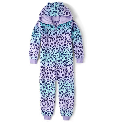 The Children's Place Girls Long Sleeve Leopard Fleece One Piece Pajamas Purple S (5/6) | Target