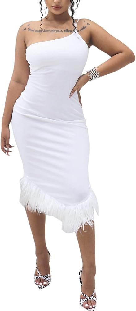 Womens Elegant One Shoulder Feather Hem Split Bandage Sleeveless Bodycon Long Dress Club Party Ou... | Amazon (US)