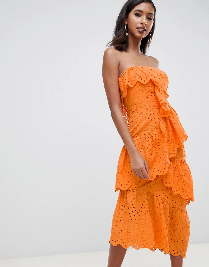 ASOS DESIGN bandeau midi dress in broderie-Orange | ASOS (Global)