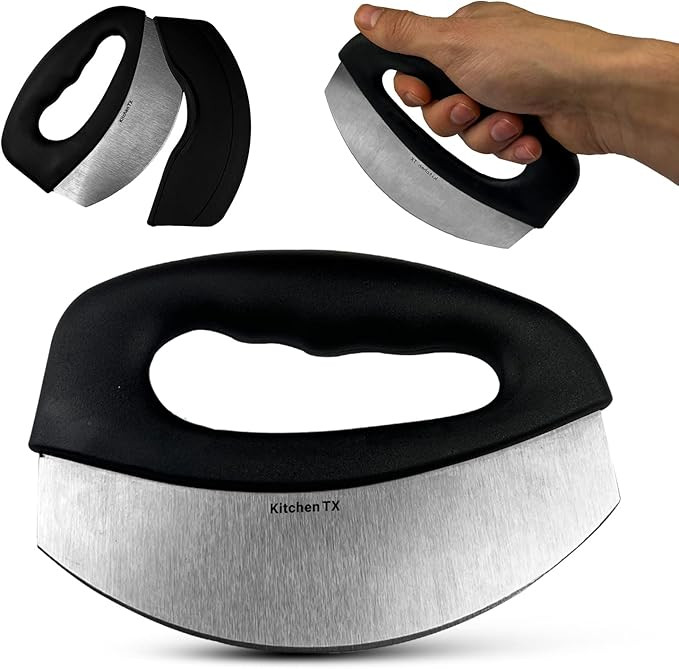 Kitchen TX Premium Mezzaluna Knife - Sharp Stainless Steel Rocker Knife with Cover - Pizza Slicer... | Amazon (US)
