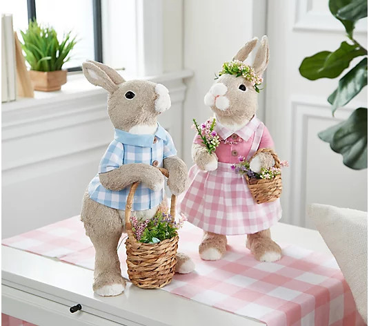 2-Piece 17.5" Sisal Bunny Couple with Basket by Valerie - QVC.com | QVC
