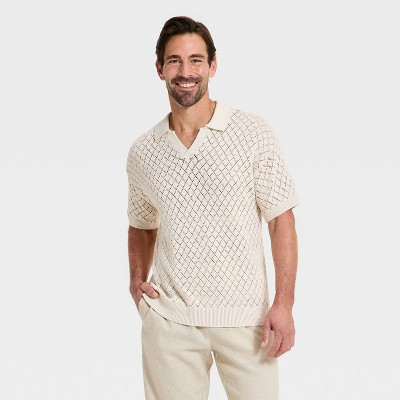Men's Short Sleeve Open-Work Johnny Collar Polo Sweater - Goodfellow & Co™ Cream L | Target