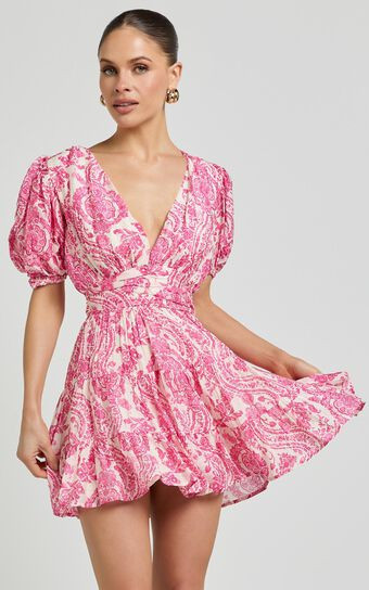 Adea Mini Dress - Plunge Puff Sleeve Tiered Dress in Pink Floral | Showpo (US, UK & Europe)