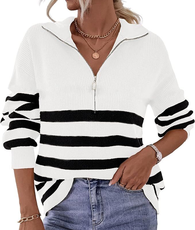 BTFBM Women 2023 Casual Long Sleeve Zip Striped Pullover Sweaters V Neck Collar Ribbed Knit Fall ... | Amazon (US)